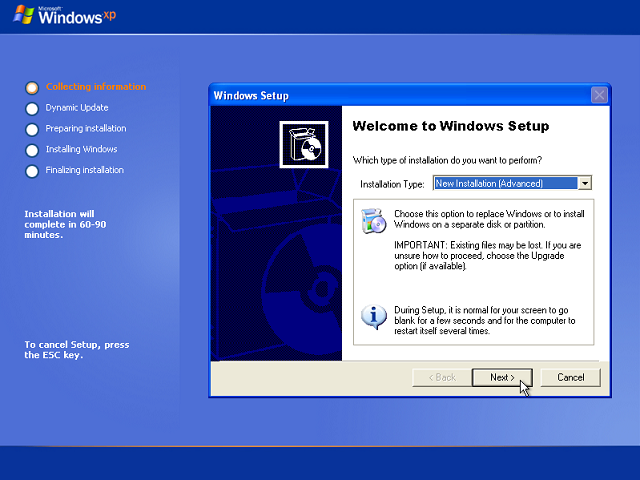 how to install win xp